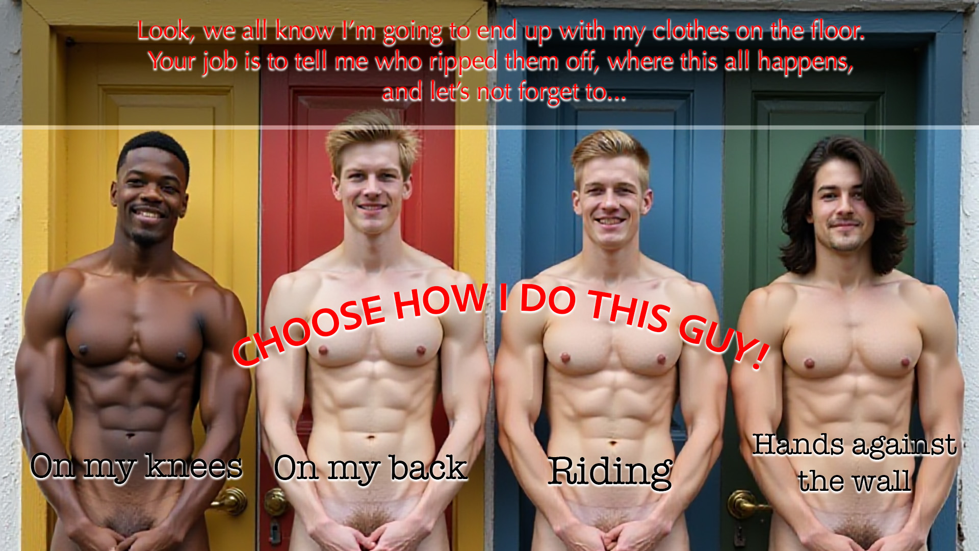an image of four men provocatively labeled with sex positions